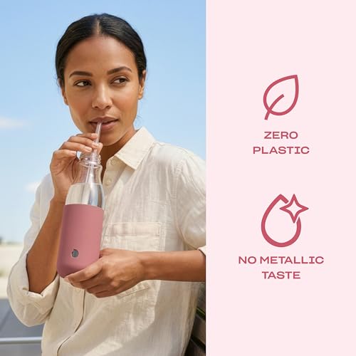 Glass Water Bottle with Straw - Dusty Pink, 18oz, Leakproof, BPA Free