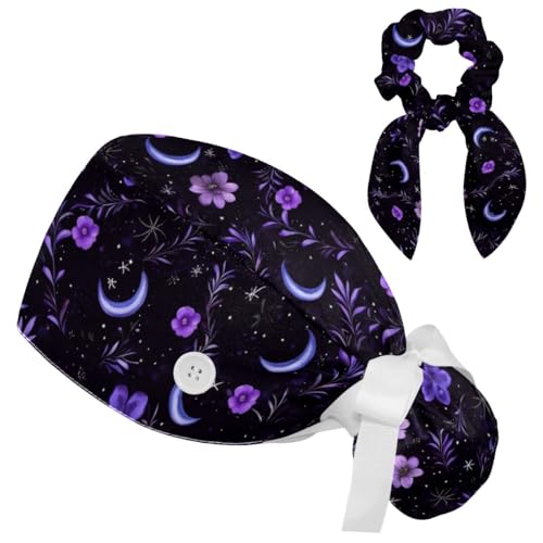 Scrub Caps Women, Surgical Caps with Buttons, Ponytail Nurse Hat, Bouffant Scrub Hats with Hair Scrunchy Adjustable, Moon Purple Floral Star Vintage Wildflower Pastorable