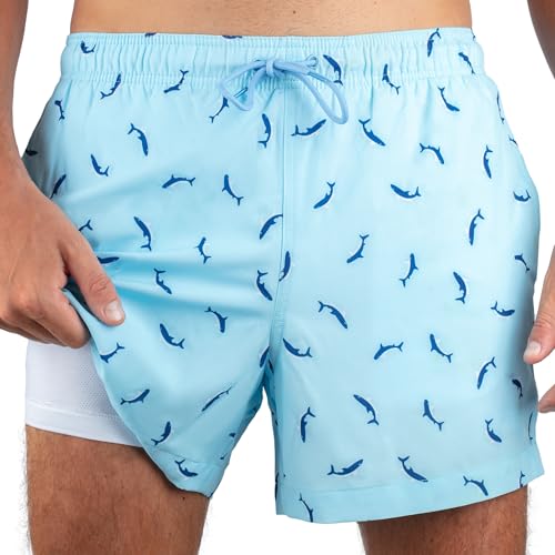 Men's 5 Inch Adventure Swim Trunks with UPF 50+ Quick-Dry Fabric - Large Sharks Blue