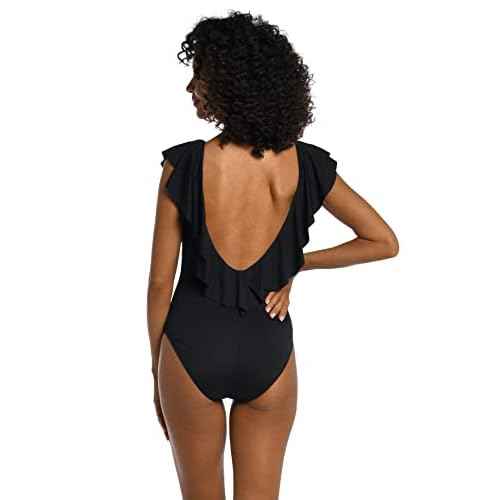 La Blanca Women's One Piece Swimsuit Over The Shoulder Ruffle Sleeve Tummy Control Island Goddess Bathing Suit