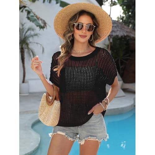 Swimsuit Coverup for Women Beach Vacation Clothes Spring Summer Scoop Neck Short Sleeve Sweaters Casual Crochet Knit Tops