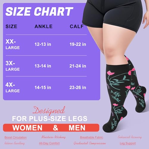 Plus Size Compression Socks XX-Large White Flower Knee High 20-30 mmHg Circulation Socks for Men Women