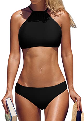 Women’s Halter High Neck Bikini Set - Cross Back Two Piece Swimsuit, Medium, Black