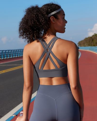 Running Girl High Support Sports Bra for Women Criss Cross Back Padded Strappy Yoga Bra - Black Grey Dark Blue Medium