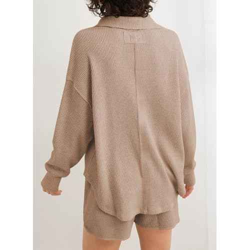 AlvaQ Womens Oversized Sweatshirt Loose V Neck Long Sleeve Lapel Collared Waffle Knit High Low Pullover Tops