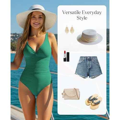 Popilush Tummy Control Swimsuits for Women - Ruched One Piece Shapewear Bathing Suit Twist Front Swimwear