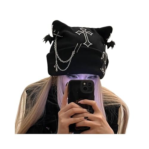 Y2k Goth Beanie Hats for Women Winter Punk Emo Grunge Cat Ear Knitted Cap Gothic Streetwear Halloween Accessories