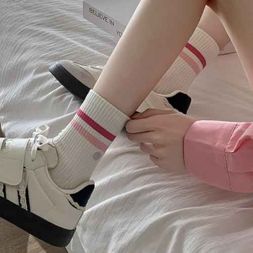 Womens Solid Color Two Stripe Crew Socks Casual Athletic Smiling Face Ankle Socks for women Girls