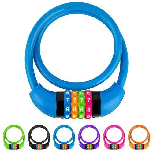 Bike Lock Cable, Bicycle Cable Lock with 4 Digit Combination & Large Lock Head, Resettable Kids Bike Cable Lock, 2 Ft x ?0.45 in, Lock for Bike, Scooter, Skateboard, Motorcycle, E Bike (Bule)