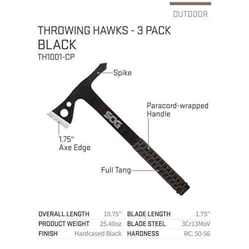 SOG Specialty Knives & Tools Throwing Hawks- 3 Pack One Piece Steel Throwing Knives with Nylon Sheath Carrying Case, 1.75 Inch Blade Field Tool with Paracord Wrapped Handles (TH1001-CP)