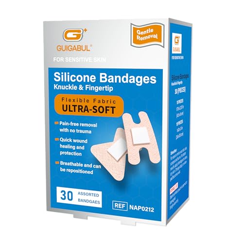 Silicone Bandages for Sensitive Fragile Skin, 30 Counts Assorted Size Fingertips and Knuckles Flexible Fabric Hypoallergenic Bandages Painless Removal for Minor Cuts Scrapes & Wounds, Latex Free