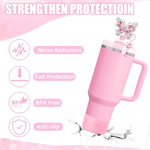 5pcs Pink Stanley Cup Accessories Set, Including Butterfly Straw Topper, Sparkly Silicone Boot, Stoppers Spill Proof, Shiny Charm Fits Stanley 40&30 Oz Tumbler with Handle