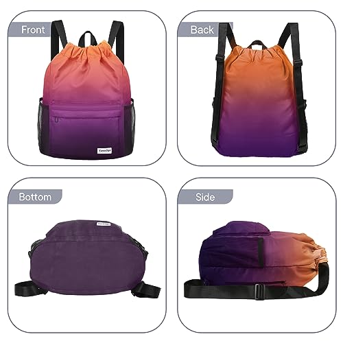 Water-Resistant Drawstring Gym Backpack with Mesh Pockets - Orange Purple