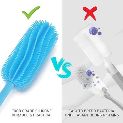 15.7" Silicone Bottle Brush, ddLUCK Water Bottle Cleaner Brush for Stanley, Hydroflasks, Glass, Thermos Sports Bottle, Vase and Glassware, Bottle Brush Cleaner for Small Narrow Neck Containers (Blue)