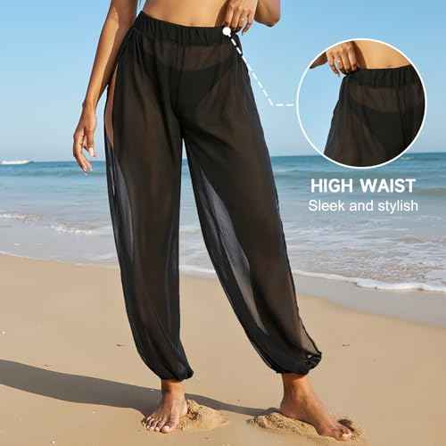 American Trends Sheer Beach Mesh Swimsuit Cover Up Harem Pants for Women High Slit See Through