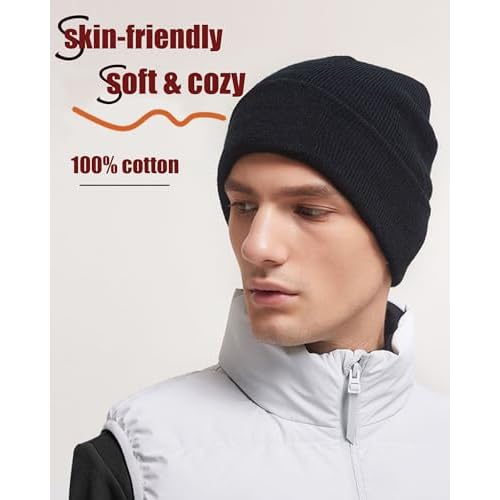 100% Cotton Beanie Hat- Unisex Ultra Soft Winter Warm Stretch Knit Cuffed Hats Fisherman Beanies Skull Cap