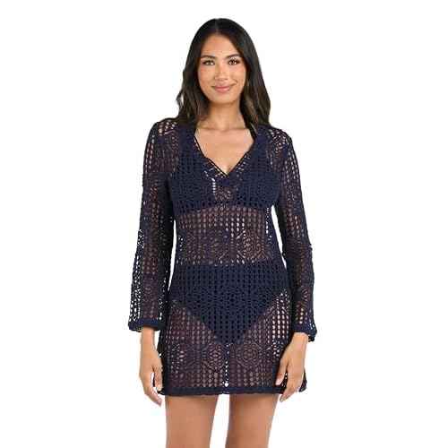 La Blanca Women's Long Sleeve Mini Dress Swimsuit Cover Up, Indigo//Waverly Covers, Large