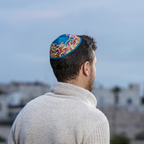 Embroidered Kippah with Jerusalem Design - Multicolor on Blue, 7 inch