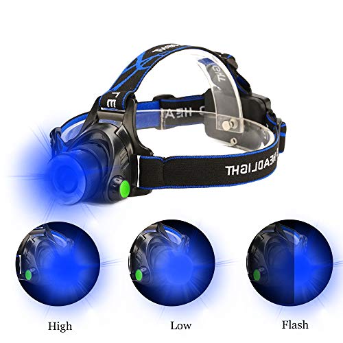 Blue LED Headlamp Flashlight Water-Resistant Zoomable 3 Modes for Outdoor Activities