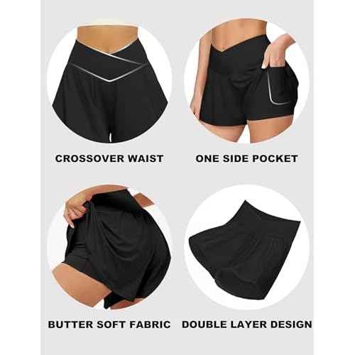 FireSwan Crossover Athletic Shorts for Women 2 in 1 Flowy Running Shorts with Pockets Spandex Butterfly Workout Tennis Skorts