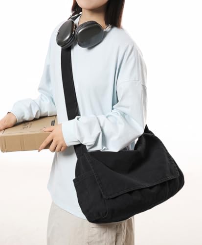 Canvas Messenger Bag for Women & Men - Casual Crossbody Satchel Black