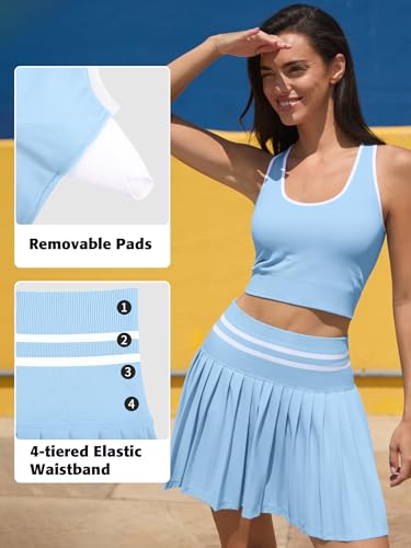 Women’s Tennis Dresses 2-Piece High Waisted Pleated Skirt Set - Seamless Colorblock Golf Outfit