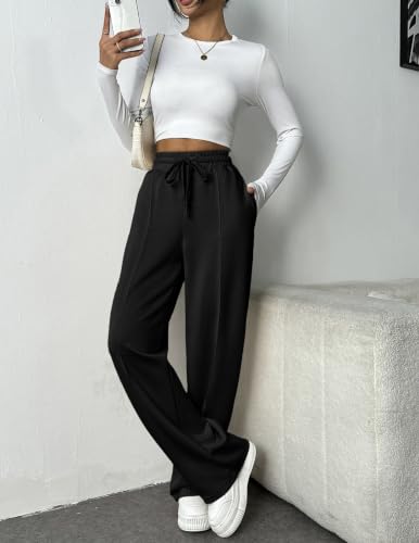 PINSPARK Wide Leg High Waisted Baggy Sweatpants for Women - Medium Petite, Black