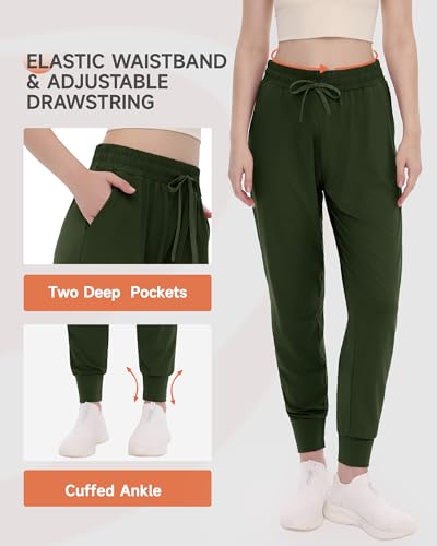 Women's Olive Green Joggers with Pockets - Lightweight Athletic Lounge Pants, 27" Inseam, X-Large