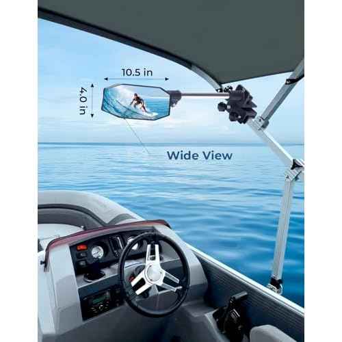 KEMIMOTO Pontoon Boat Mirror Rear View with Telescoping Pole, 10.5¡° x 4¡± Extra Large 360¡Æ Adjustable Marine Mirror for Pontoon Rail or Bimini Top, Ski Boats Water Skiing, Pontoon Boat Accessories