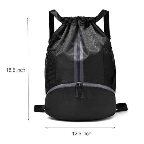 Black Drawstring Gym Bag for Men, Waterproof Drawstring Backpack for Women, Swim Bag with Shoes Compartment, Pull String Sport Bag for Soccer and Basketball.