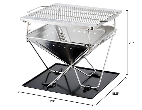 Explorer Bear 20" Stainless Steel Foldable Takibi Fire & Grill with Carrying Bag, Grill Bridge, and Coal Bed | Portable Wood Burning Fire Pit | Perfect for Camping, Outdoors, Patios