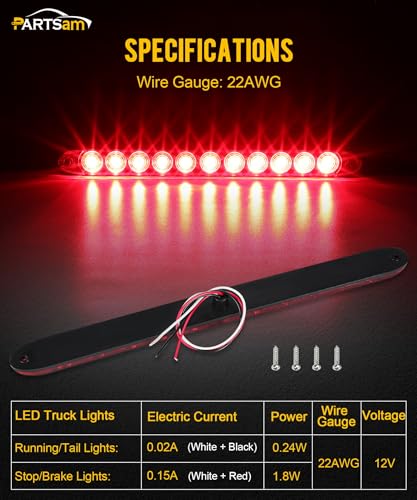 Partsam 4 Pack 15-Inch Red Waterproof Sealed LED Brake and Turn Signal Light Bar - DOT Compliant