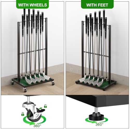 Golf Club Holder Stand with Wheels - Metal Golf Club Rack for 10 Clubs
