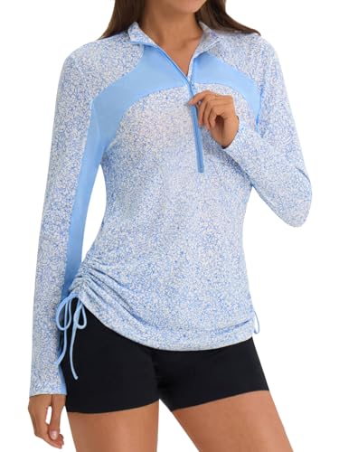 Women Rash Guard Long Sleeve Swim Shirt - Floral Light Blue Large