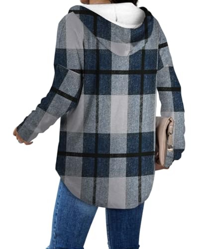 Plaid Blue Oversized Hoodie for Women - Long Sleeve Loose Fit Pullover