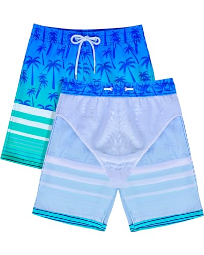 Boys Rash Guard and Swim Trunks Outfit Set - Blue Coconut Tree, 12-14 Years