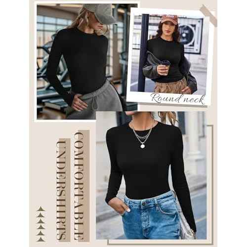 Ekouaer Women Long Sleeve Shirts Ruch Side Thermal Tops Crew Neck Layering Undershirts Stretchy Slim Fit Basic Tees