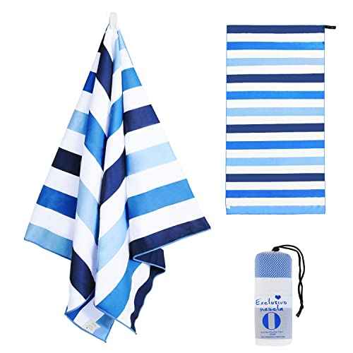 Exclusivo Mezcla Large Quick Dry Beach Towel, Microfiber Sandfree Cabana Stripe Pool Bath Swim Towel with Bag, Lightweight and Thin (Blue, 30x60 Inches)