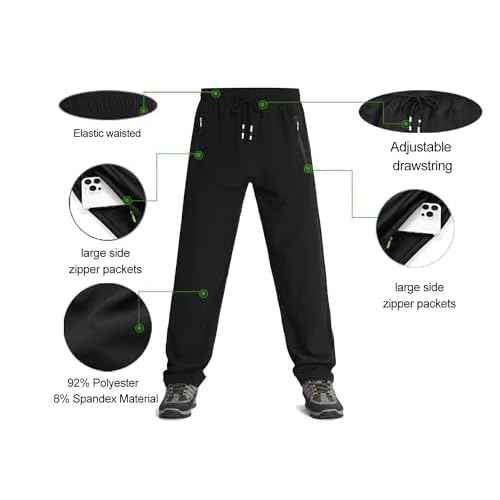 Men's Lightweight Joggers Pants Quick Dry Hiking Pants for Running Sports Gym Zipper Pockets
