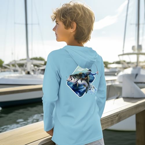 Palmyth Boys Fishing Shirt with UPF 50+ Sun Protection, Long Sleeve Hoodie - Ice Blue, Cowboy Master, Large