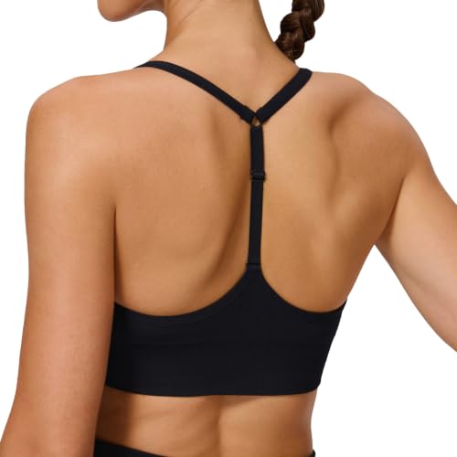 Women's Sports Bras Deep V Neck Adjustable Y Back Spaghetti Strap Racerback Padded Wireless Yoga Workout Tops Large Black