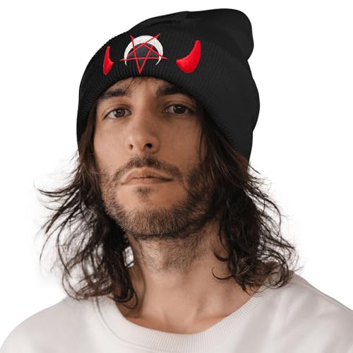Spooky Horror Devil Horned Embroidery Beanie Knit Hat for Men Women, Casual Skull Knit Cap