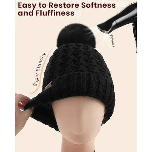 Trifabricy Womens Winter Hat Knit Crossed Cap Beanie Hats for Women Soft Warm Lined with Faxu Fur Pom Poms for Cold Weather