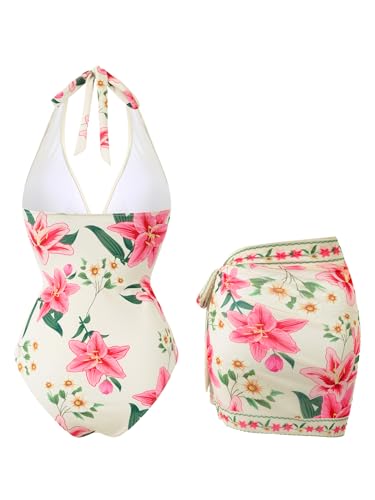 Pink Flower V Neck One-Piece Swimsuit with Cover Up Wrap Skirt - Large
