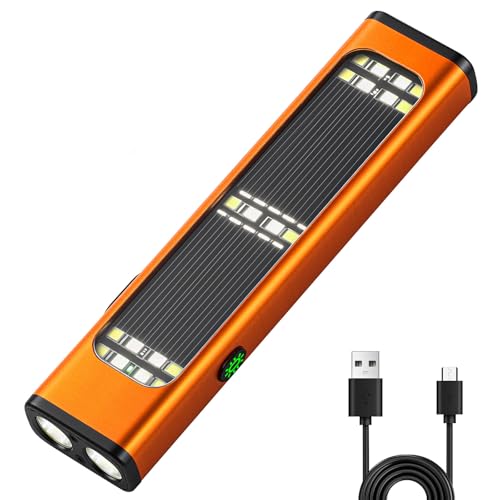 Solar/Rechargeable Flat Flashlights, 900 Lumens EDC Tactical Flashlight, Multi Function LED Small Flashlight, 7 Modes IP65 Waterproof for Home, Camping,and Emergency Use (Orange)