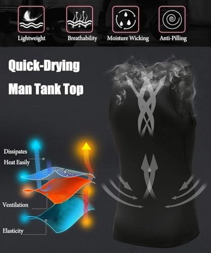 Men's Compression Tank Top 3/5 Pack - Sleeveless Cool Dry Base Layer for Gym - Large, Black