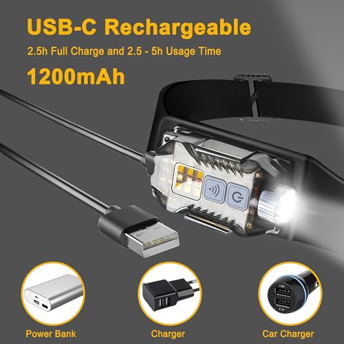 Head Lamp Led Rechargeable, 230¡Æ Wide Beam Sensing COB Headlamp Flashlight Detachable, 9 Light Modes, Hard Hat Lamp, IP65 Waterproof 400 Lumens for Camping, Hiking, Fishing, Working, Gift (Black)