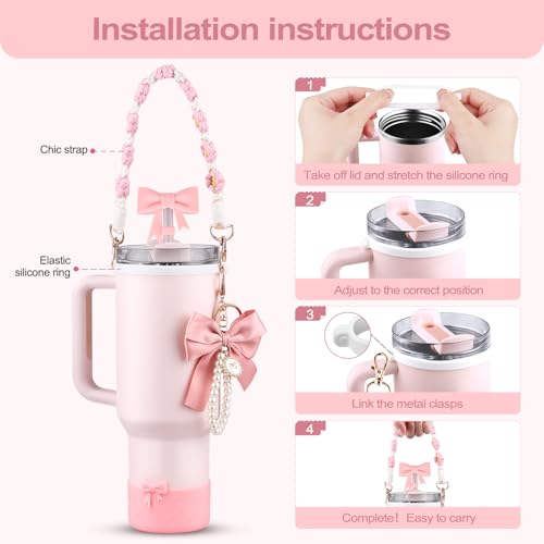 Stanley Cup Accessories Set,Bow Straw Cover, Water Bottle Handle Strap, Siliocne Cup Boot, Pearl Charms, Straw Topper for 40oz & 30oz Stanley Tumbler for Women (Pink)