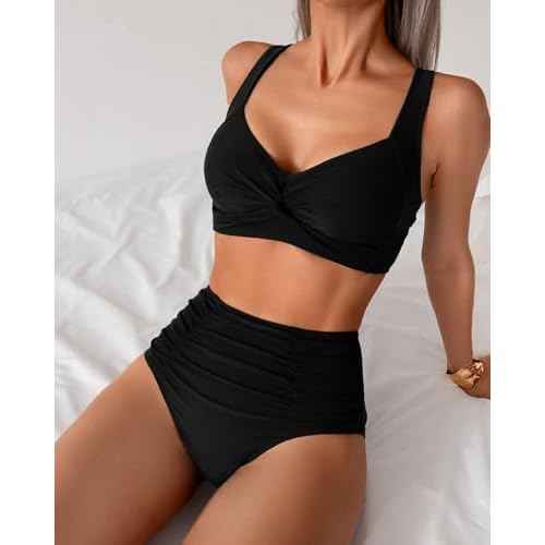 Fanuerg Women's High Waisted Bikini Sets Twist Front Two Piece Swimsuit Ruched Tummy Control Bathing Suits