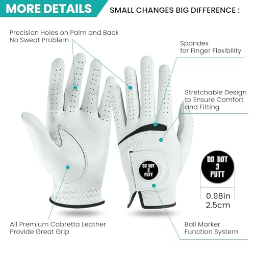 Men's Cabretta Leather Golf Gloves Left Hand Large with Ball Marker - Do Not 3 Putt
